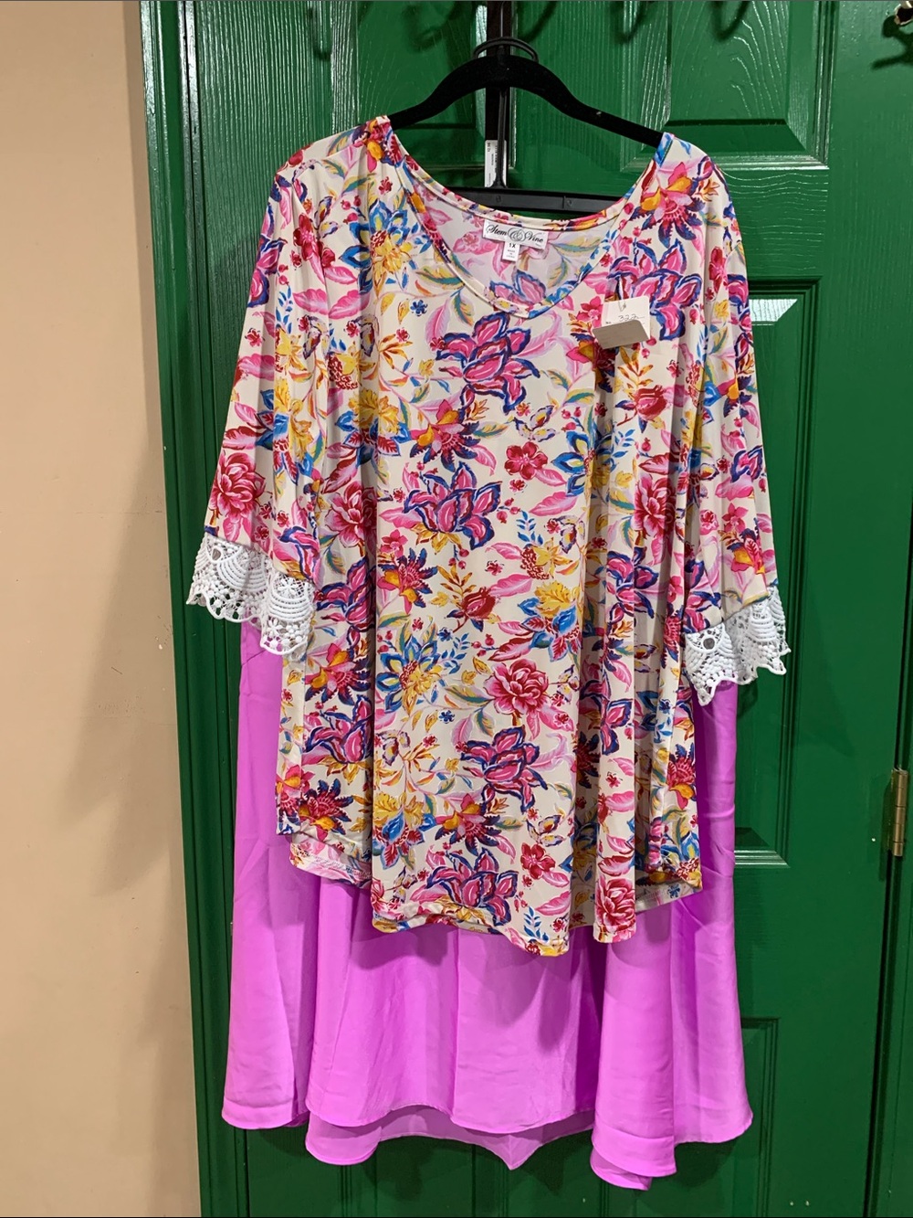 Sweet Pea Pink Floral Crochet-Sleeve Tunic by stem & Vine skirt is A new Day